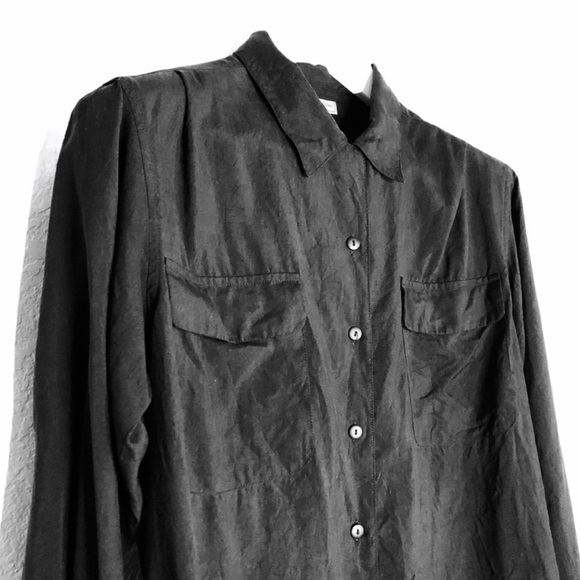 Black Oversized Button Down Shirt Silk Blouse Long Sleeve Pockets Utility Top - Picture 2 of 5